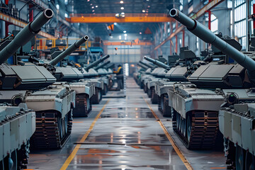 Military tanks in production line at an armament factory. - obrazy, fototapety, plakaty