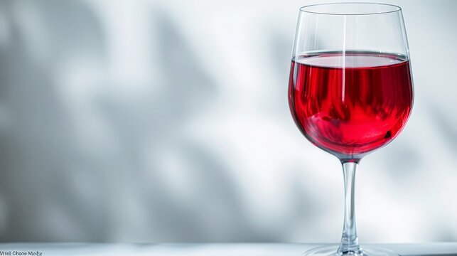A crystal-clear stem glass filled with red wine, set against a blurred white background that accentuates the wine's vibrant hue.