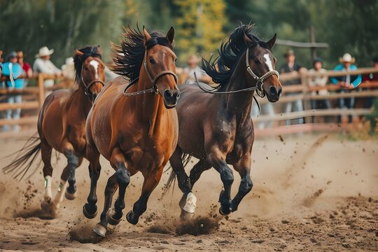 Energetic Rodeo Horses Performing in a Dusty Arena. Concept Cowboy Lifestyle, Rodeo Events, Equestrian Competitions, Western Culture, Dynamic Horseback Riding