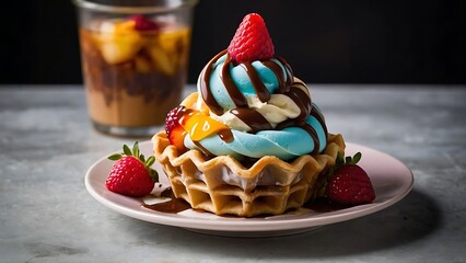 ice cream in waffle cone with chocolate and berries on wooden table