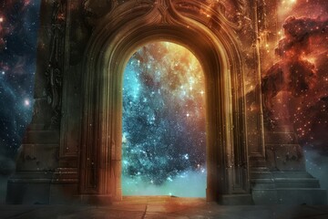 Fototapeta na wymiar Celestial Gate Majestic Archway Opening to a Starry Expanse, Digital Art Gateway to the Cosmos Theme