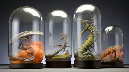 A futuristic take on paleontological discoveries displayed in glass containers
