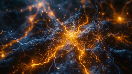 Digital representation of neural synapse activity with intricate glowing connections in an abstract, dark setting. - obrazy, fototapety, plakaty