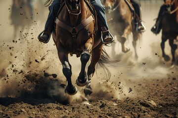 Rodeo horses kicking up dust in arena during competition. Concept Rodeo Horses, Arena Competition, Dust Cloud, Equestrian Sports - obrazy, fototapety, plakaty
