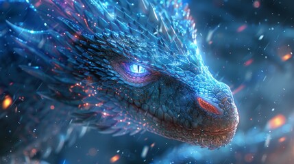 Close-up digital art of a mythical dragon with radiant blue eyes and glowing scales against a magical backdrop.