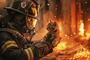 Fototapeta na wymiar A firefighter saving a terrified kitten from a burning building