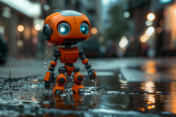 a toy robot, designed in a cartoonish style , stands on the sidewalk next to rainwater. this photographically detailed portrait captures the robot s dark orange and silver colors