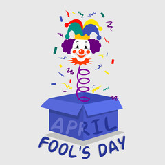April fools day design with clown head surprise box and decorative elements