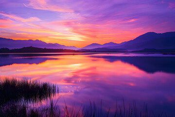 Majestic Mountain Sunset Reflection Over Tranquil Water - An Artistic Capture by JK Photography Studio - obrazy, fototapety, plakaty