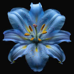 A splendid lily with striking blue petals and vibrant yellow stamens