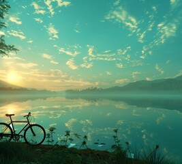 Nestled among rolling hills of emerald green, a bicycle stands beside a shimmering lake reflecting the azure sky above. Wisps of mist dance across the water's surface as the sun begins to rise