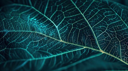 Close up of abstract leaf texture with veins of turquoise and green colors - obrazy, fototapety, plakaty