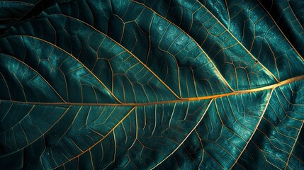 Close up of abstract leaf texture with veins of turquoise and green colors