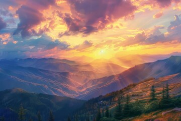 Alpine Glow Radiant Sunset over Tranquil Mountain Landscape, Digital Nature Painting