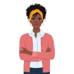 Beautiful Young African American woman with her arms crossed. Flat Vector Illustration Isolated on White Background