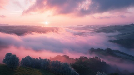 Fototapeta na wymiar Misty hills at sunrise capture the ethereal beauty and soft light.
