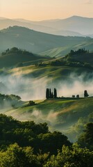 Fototapeta premium Misty hills at sunrise capture the ethereal beauty and soft light.