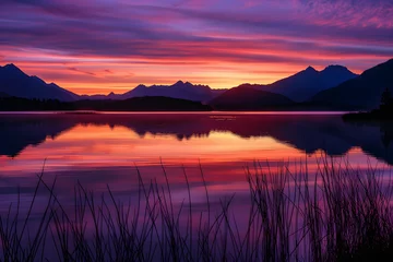 Zelfklevend Fotobehang Majestic Mountain Sunset Reflection Over Tranquil Water - An Artistic Capture by JK Photography Studio © Leonard