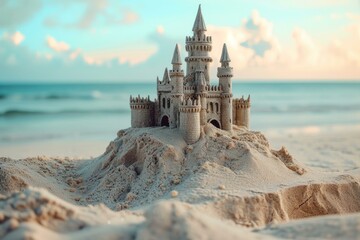 Serene Ancient castle beach. Charming and fantastic old building blue sky with clouds. Generate AI - obrazy, fototapety, plakaty