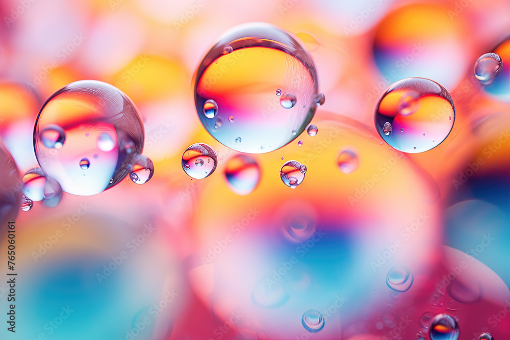 Poster Pink holographic bubbles floating on the soft colorful abstract background in beautiful vivid tones.