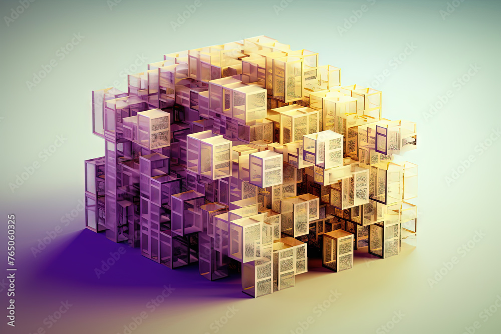Poster Ethereal geometric sculpture with a cube shape. Shiny crystal cube structure with vibrant colors in vaporwave and y2k style.