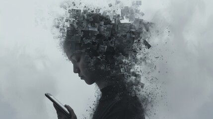 A conceptual image showcasing a profile of a person with a head dissolving into pixels and cubes while viewing a smartphone, symbolizing data overload.