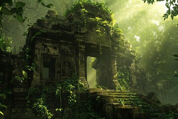 Ancient Secrets Lost Temple Ruins Overgrown with Jungle, Digital Archaeological Illustration