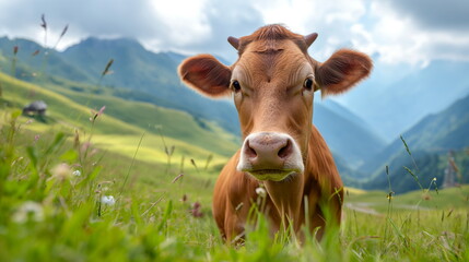 Curious cow stands in an Alpine meadow dotted with wildflowers, mountains in the background under a sunny sky, tranquility of pastoral life - obrazy, fototapety, plakaty