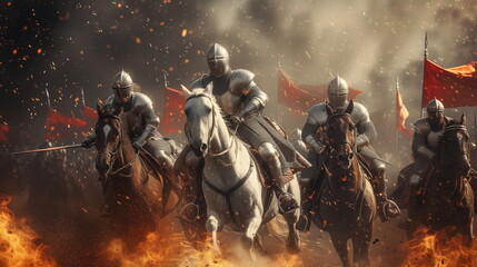Gallant knights in shining armor charge through a fiery battlefield, embers swirling around as red banners wave under a tumultuous sky