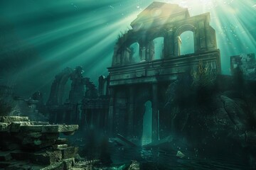 Ancient Underwater Ruins Discovery of a Sunken City, 3D Illustration