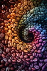 Spiral of coffee beans in rainbow colors overhead smooth gradient light  3D render high-resolution photographic style closeup professional color grading, 8K
