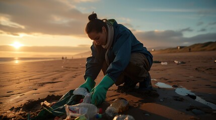 Individual participating in a beach clean-up, collecting rubbish with the sun setting over the ocean horizon.