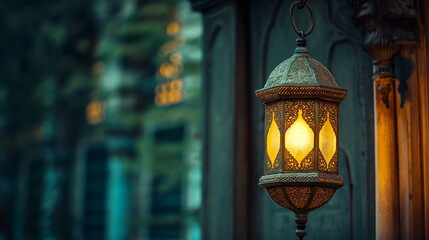 Ornate lantern casts a warm, intricate glow, illuminating a lively street bazaar at dusk, evoking a...