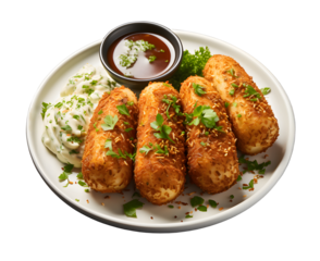 	 White plate with three Shrimps croquettes ans salad. on white and transparent background. Ai generated	