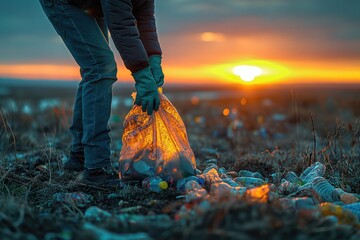 Close-up of a person's hands picking up a transparent trash bag filled with litter, sunset in the background.