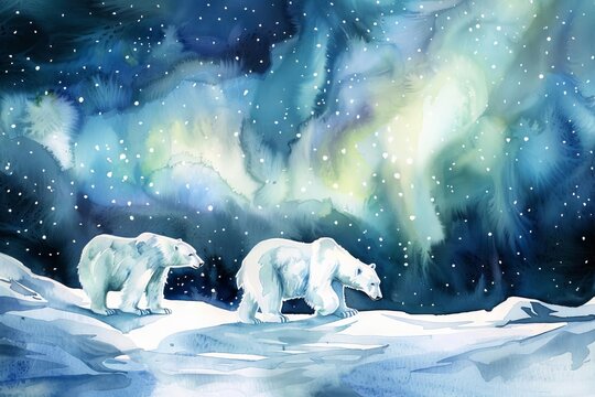 Arctic Aurora Polar Bears under Northern Lights, Watercolor Illustration