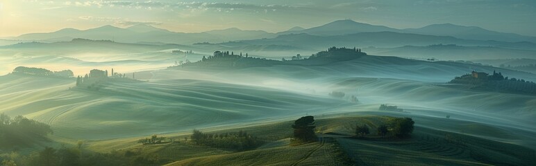 Misty hills at sunrise capture the ethereal beauty and soft light.