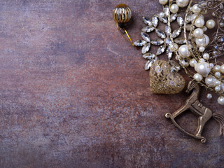 Christmas decoration on rustic stone background. Soft focus. Top view. Copy space.	