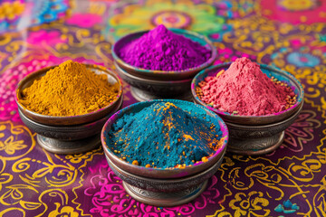 Cuencos metálicos conteniendo polvos de colores para fiesta holi india, sobre fondo colorido...