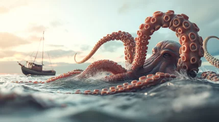 Schilderijen op glas octopus fiercely attacks a ship in the open ocean, wrapping its tentacles around the vessel as it tries to defend itself © Mars0hod