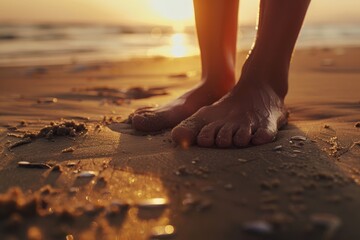 Close-up of bare feet in soft sand on a tranquil beach during sunset
