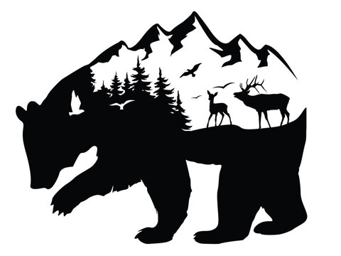 Mountain bear hand drawn bear for your design, wildlife concept. Isolated on white background. Isolated emblem with quote, sign, banner, logo, posters, greeting cards, scrap booking, for textile