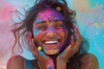  mujer joven y sonriente sujetando su cara pintada con pintura polvo holi india con sus dos manos, sobre fondo  desenfocado de colores, concepto fiesta holi india