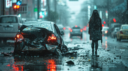 Fototapeta premium Woman walks away from car crash in rain.generative ai