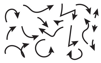 Hand drawn wavy arrows. Set of different pointers. Arrow on isolated white background. Black and white illustration
