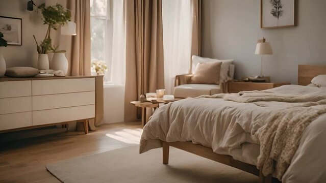 A warm and inviting bedroom with a large bed, a comfortable chair, and a beautiful view of the city outside.