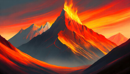 Firer and hot weather minimalist orange-red mountain range on digital art concept.