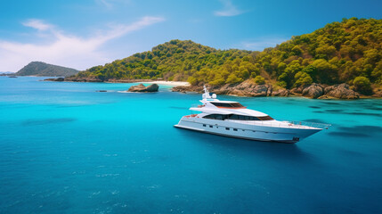 A  luxury yacht anchored in a pristine bay with clear blue waters and a vibrant coral reef.