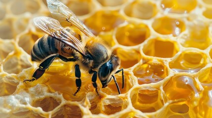 macro photo of a bee on its honeycomb - obrazy, fototapety, plakaty