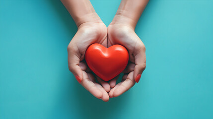 Fototapeta premium Hands clutching a red heart ,Heart in hands on blue background ,Women hand hold a red heart with love on nature bokeh in the public park